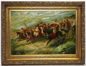 FRAMED OIL PAINTING OF SOLDIERS ON HORSES