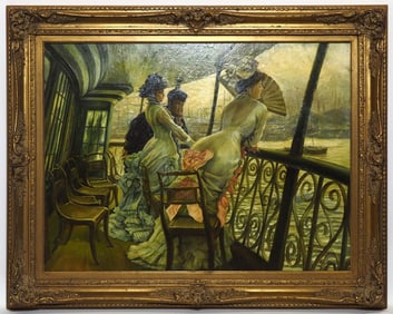 FRAMED PAINTING OF TWO WOMEN & MAN ON A RIVERBOAT