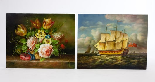 TWO PAINTINGS ON BOARD OF A STILL LIFE & A SHIP