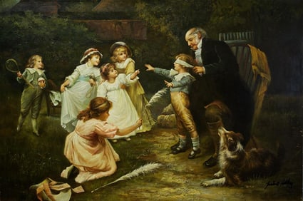OIL ON CANVAS PAINTING OF AN OLD MAN WITH CHILDREN