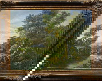 OIL ON CANVAS PAINTING OF FOREST AND RIVER