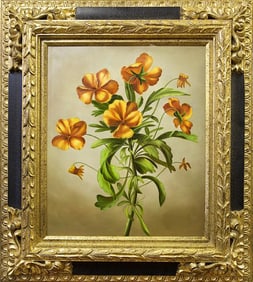 FRAMED PAINTING OVER PRINT ON CANVAS, OF FLOWERS