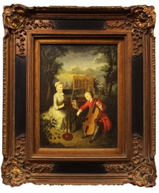 FRAMED OIL PAINTING ON BOARD OF TWO MUSICIANS