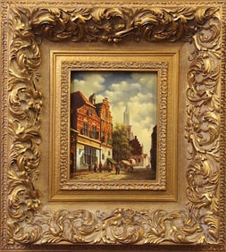 OIL PAINTING ON BOARD OF AN EUROPEAN CITY SCENE