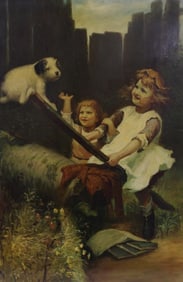 OIL PAINTING ON CANVAS OF KIDS AND A PUPPY