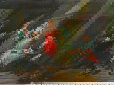 ANTIQUE OIL PAINTING ON CANVAS OF A  GATHERING