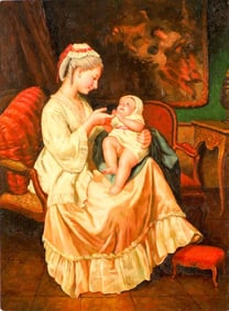 OIL PAINTING ON CANVAS OF A MOTHER AND BABY