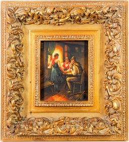 FRAMED OIL PAINTING OF PEOPLE IN A CONVERSATION