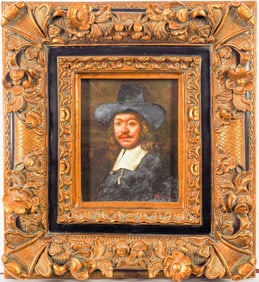 GILT FRAMED OIL PAINTING OF A MALE WEARING A HAT