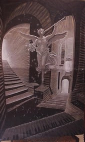 OIL ON CANVAS PAINTING OF A TRUMPETING ANGEL
