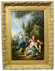 FRAMED THREE WOMEN AND DOG OIL ON CANVAS PAINTING