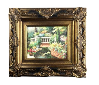 GILT FRAMED OIL ON CANVAS PAINTING OF A POND