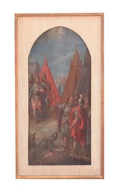 18TH C. FRAMED OIL ON BROAD PAINTING OF CRUSADES