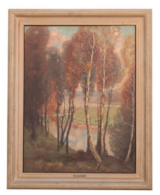 FRAMED OIL ON CANVAS PAINTING OF A FOREST