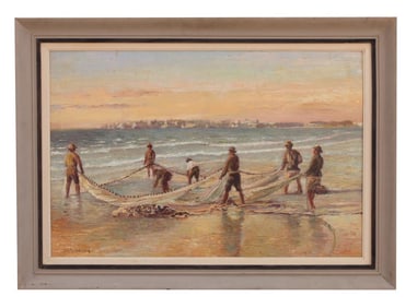FRAMED PAINTING OF FISHERMEN BY SHLOSSBERG