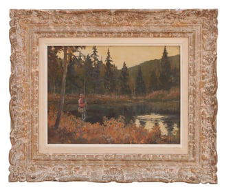 CANADIAN OIL ON CANVAS PAINTING OF A FISHING MAN