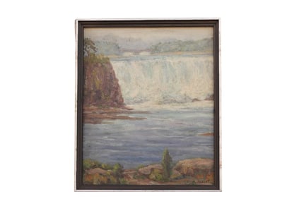 FRAMED PAINTING OF A WATERFALL BY T. ALBERT