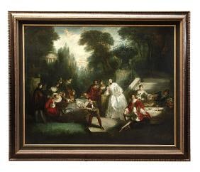 19TH C OIL PAINTING ON CANVAS OF A COURTYARD SCENE
