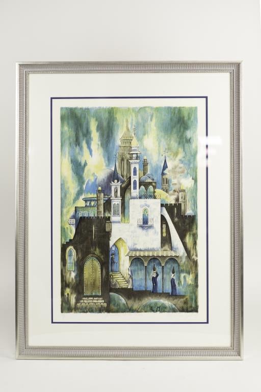 WATERCOLOR PAINTING OF A MOSQUE COMPLEX: Framed, titled "Jerusalem of the Towers". A watercolor painting that is mostly in blue and white color, depicts a mosque complex. The complex displays of domed ceilings and spires, men and women in cu