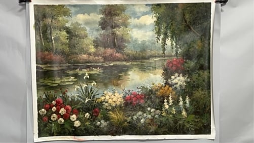 A PAINTING OF LAKE LINED WITH BLOSSOMING FLOWERS