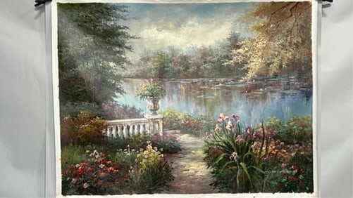 A PAINTING OF A GARDEN NEAR A LAKE