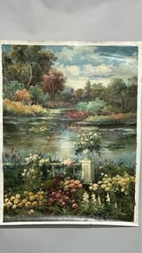 PAINTING OF A GARDEN AND A LAKE