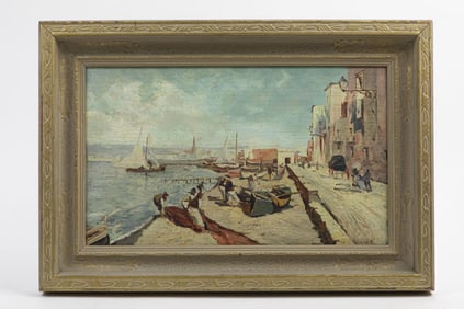 FRAMED PAINTING OF A COASTAL TOWN