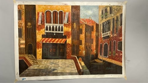 PAINTING OF AN EUROPEAN CANAL CITY STREET SCENE