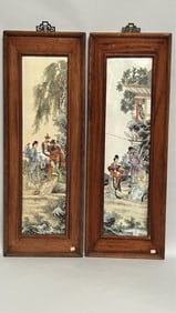 ANTIQUE PAIR OF CHINESE WOOD & PORCELAIN PLAQUES