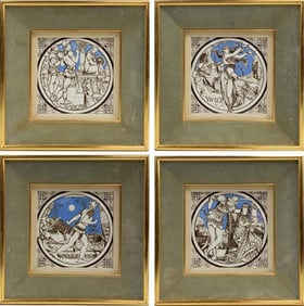 X SET OF FOUR PAINTED PORCELAIN PLAQUES X