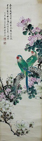 CHINESE SCROLL PAINTING OF FLOWERS AND BIRDS: Signature to read Jin Mengshi. H: 52 1/4 in.(132.5cm) x W: 13 1/8 in.(33.5cm)Jin Mengshi (1869~1952 about), the first name is He, born in Wu County, Jiangsu Province. He was famous painter during the 