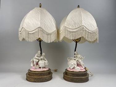 PAIR OF PORCELAIN FIGURAL GROUPS, AS TABLE LAMPS