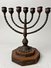 19TH C. BRONZE MENORAH ON OCTAGONAL PLINTH