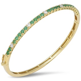 14K Yellow Gold Natural Emerald & Diamond Bangle
