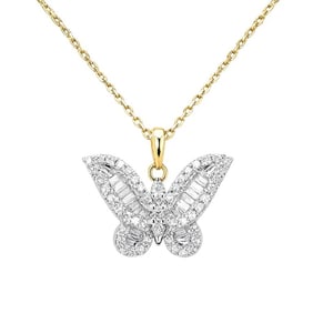 14K Yellow Natural Gold Diamond Butterfly Pendant