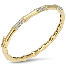 14K Yellow Gold Natural Diamond Bamboo Bangle
