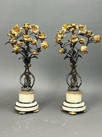 PAIR OF CASTED BRONZE AND MARBLE CANDLESTICKS