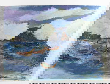 OIL ON CANVAS PAINTING OF BOATS