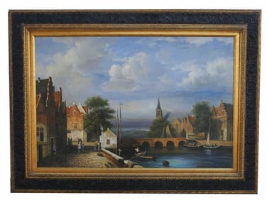 OIL ON CANVAS PAINTING OF A CANAL VILLAGE