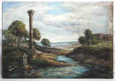 OIL ON CANVAS PAINTING OF CREEKSIDE RUINS