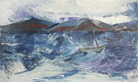 LARGE OIL ON BOARD PAINTING OF A BOAT