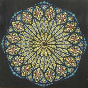 OIL PAINTING ON BOARD OF A STAINED GLASS WINDOW