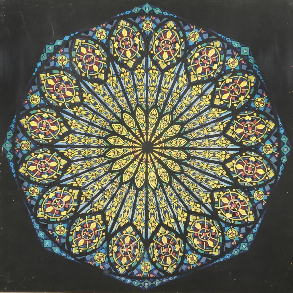 OIL PAINTING ON BOARD OF A STAINED GLASS WINDOW: Framed. Of a beautiful, intricate and kaleidoscope-like design, in predominantly blue, yellow and red colors. H: 30 in. x W: 30 in.