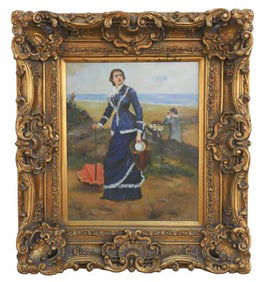 OIL ON CANVAS PAINTING OF A LADY AND HER FAMILY