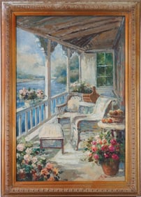 OIL PAINTING ON CANVAS OF A VIEW OF BALCONY
