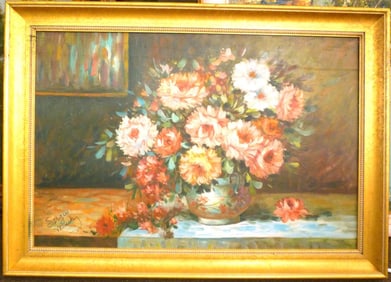 FRAMED OIL ON CANVAS PAINTING OF FLOWERS