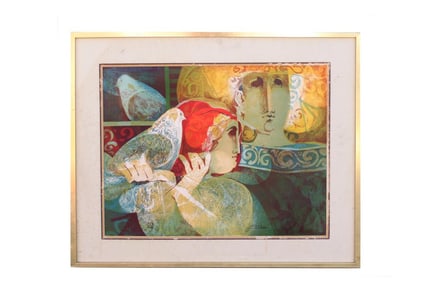 FRAMED PAINTING OF A WOMAN WITH A BIRD