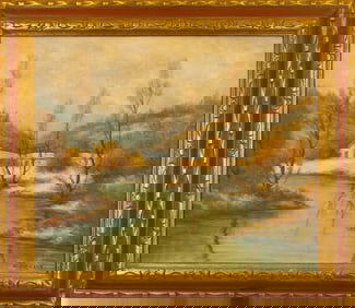 OIL PAINTING ON CANVAS OF A WINTER LANDSCAPE SCENE