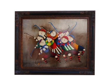 OIL ON CANVAS PAINTING OF FIELD HOCKEY PLAYERS