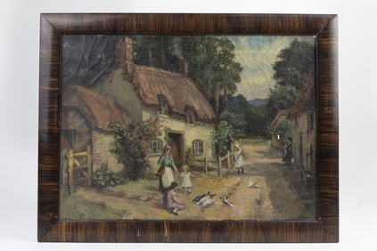 OIL ON CANVAS PAINTING OF A RURAL TOWN SCENE